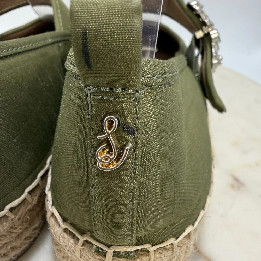 Sam Edelman Maddy Green Espadrille Mary Jane Silky Upper Ornate Buckle Flats 7